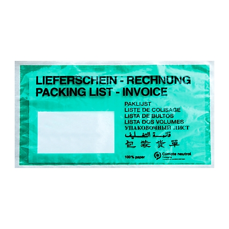 Grüne Versandtasche mit Aufdruck "Lieferschein - Rechnung". Darunter "Packing List - Invoice".