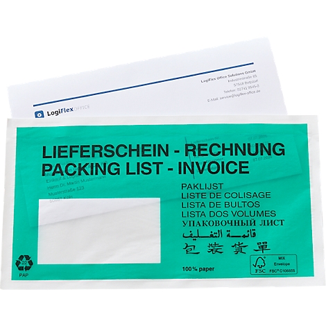 Grüne Versandtasche für Lieferscheine und Rechnungen mit transparentem Sichtfenster.