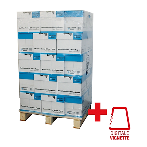 Ein mit Papier gefülltes Palettenregal, das in Folie verpackt ist, und ein rotes Kreuz mit Text.