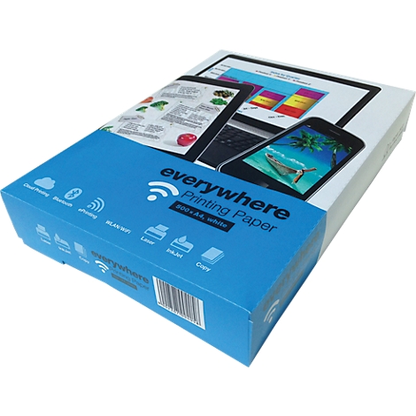 Ein Karton überall-Druckpapier. Auf dem Deckel befindet sich ein blaues Band mit weißem Schriftzug und Symbolen.