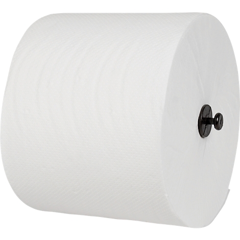 Grand rouleau d'essuie-tout blanc avec support noir.