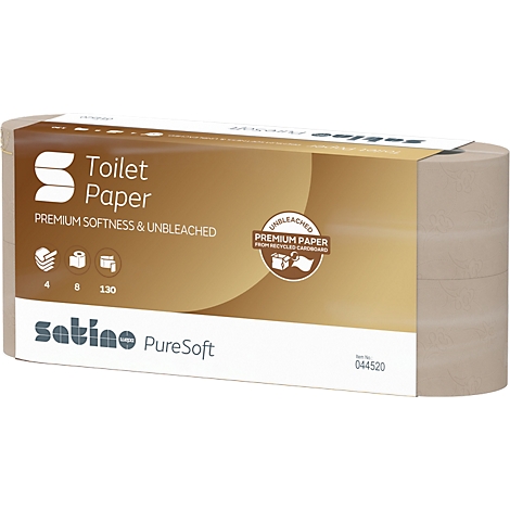 Paquet de papier toilette, avec le texte "Toilet Paper", "Premium Softness & Unbleached", "PureSoft". Emballage marron, rouleau visible.