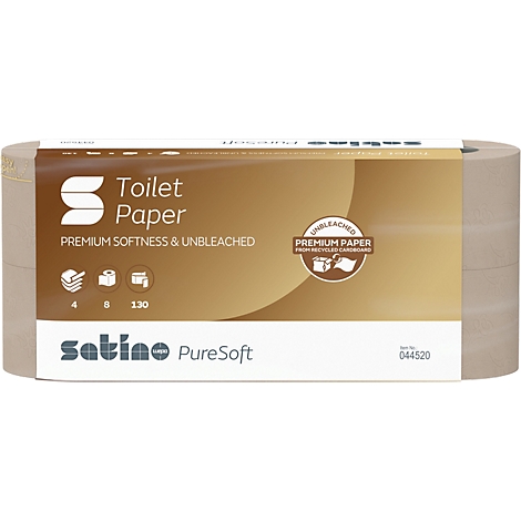 Paquet de papier toilette aux tons bruns. Inscription: Premium Softness & Unbleached. Marque: Satino PureSoft.