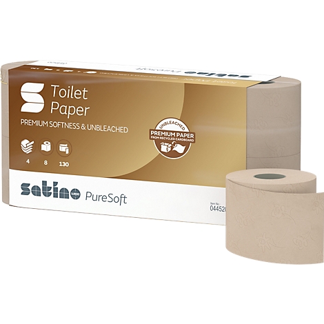 Un paquet de papier toilette avec un rouleau visible à côté, étiqueté 'PureSoft, non blanchi'.