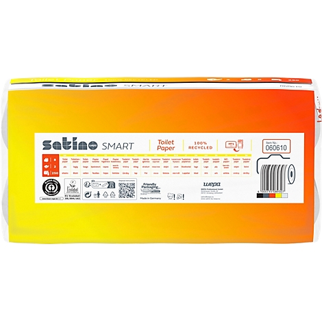 Emballage de papier toilette Satino Smart, 100% recyclé. Fond orange-jaune, code-barres et informations sur le produit.