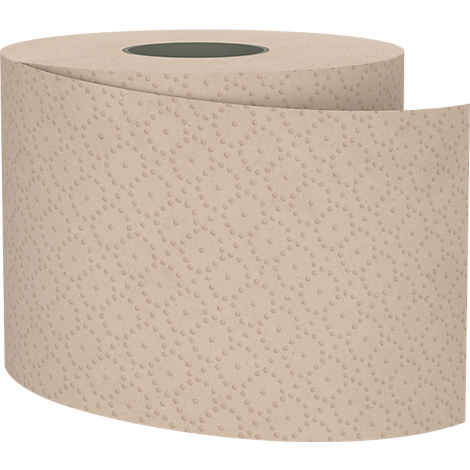 Rouleau de papier toilette en papier recyclé. Le papier a une structure gaufrée et est beige.