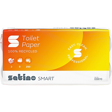 Paquet de papier toilette Satino Smart, 100% recyclé, fond orange et jaune, qualité professionnelle.