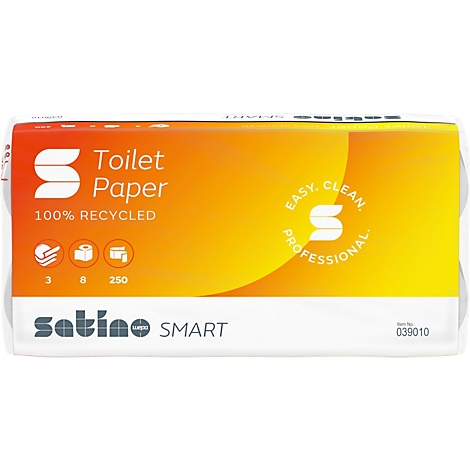 Paquet de papier toilette avec texte : 'Toilet Paper, 100% RECYCLED, 3, 8, 250'. Marque : Satino SMART.