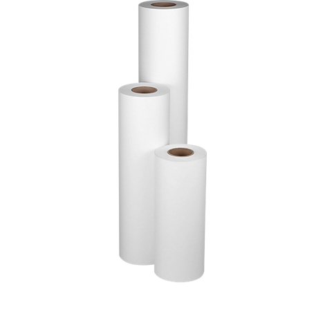Trois rouleaux de papier blanc de différentes tailles sur fond blanc. Les rouleaux sont côte à côte.
