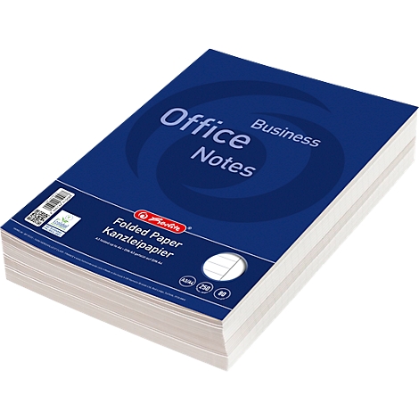 Une pile de papier pour notaire Herlitz avec emballage bleu et texte blanc sur fond blanc.