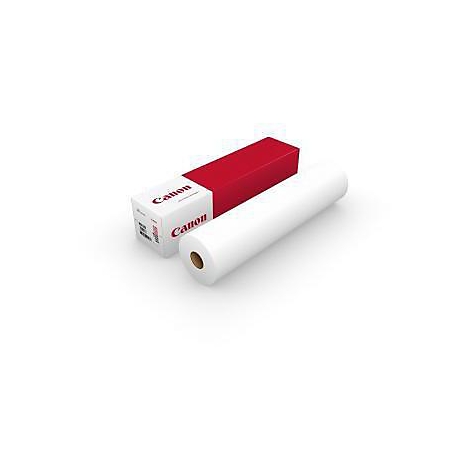 Un rouleau de papier à côté d'une boîte Canon, rouge et blanche. Le logo "Canon" est visible.