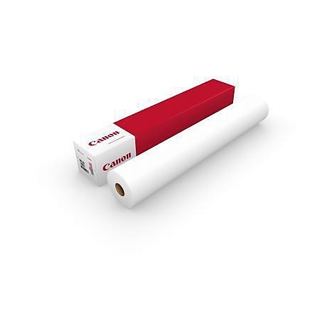 Rouleau de papier blanc à côté d'une boîte Canon rouge et blanche ouverte.