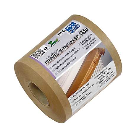 Rouleau de papier protecteur autocollant brun. Inscription imprimée : PROTECTION PAPER P50. Un détail en bois est représenté sur le côté.