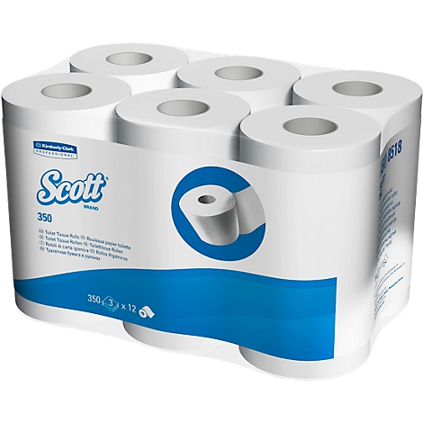Paquet de six rouleaux de papier toilette. Emballage avec design bleu, texte et logo Scott.