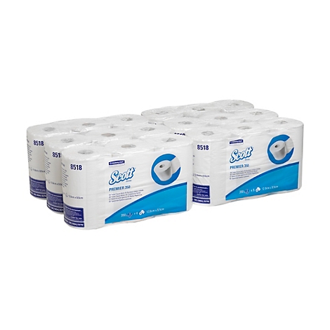 Plusieurs paquets de papier toilette, de marque Scott, sur fond blanc.