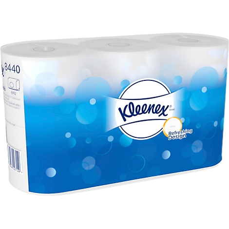 Paquet de mouchoirs, design bleu avec le logo Kleenex, fond blanc.