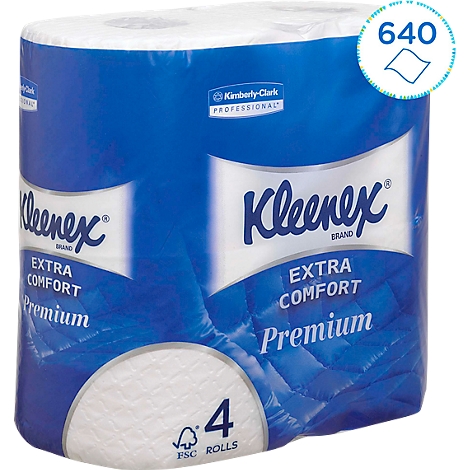 Paquet de mouchoirs Kleenex, emballage bleu. Inscription : Extra Comfort Premium. 4 rouleaux, 640 mouchoirs.