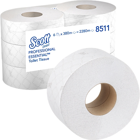 Plusieurs rouleaux de papier toilette blanc, un rouleau au premier plan. L'emballage porte la mention : Scott, Professional Essential.