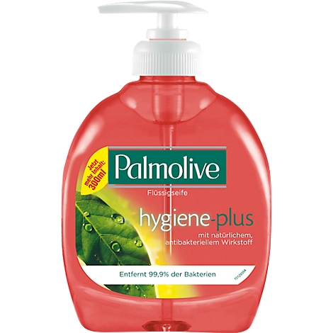 Savon liquide Palmolive rouge avec distributeur blanc. Inscription 'Palmolive hygiene-plus'. Autocollant : 'plus de contenu maintenant 300ml'.