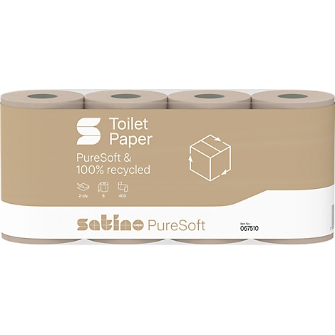 Quatre rouleaux de papier toilette Satino PureSoft dans un emballage recyclé brun avec logo et texte blancs.