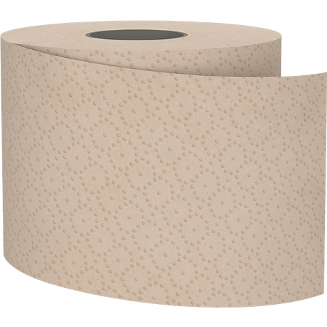 Rouleau de papier toilette recyclé, papier beige avec motif. Devant déroulé.