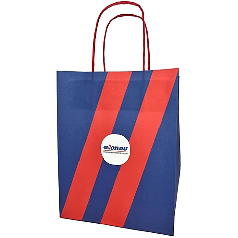 Blau-rote Papiertragetasche mit Logo und roten Henkeln.
