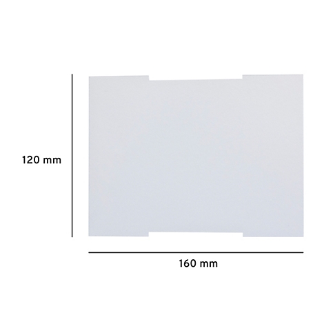 Rechteckige weiße Platte mit Aussparungen. Maße: 120 mm x 160 mm.