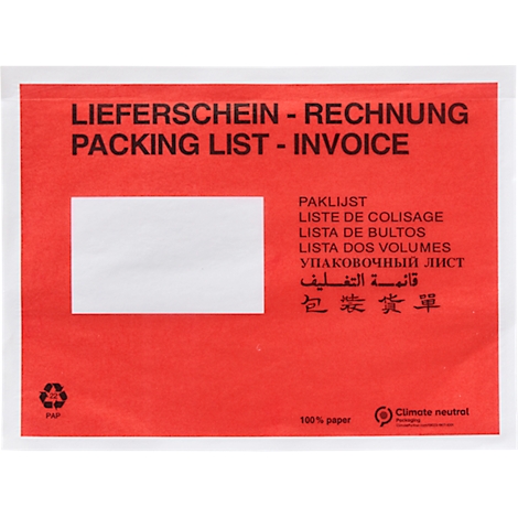 Rode papieren documentenvelop met het opschrift Paklijst Factuur en een adresvenster.
