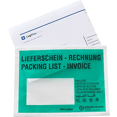 Papieren verzendzak met opdruk Pakbon - Factuur, gedeeltelijk gevuld met een LogiFlex-document.