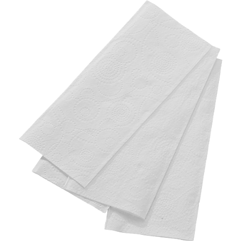 Wit papieren handdoek, in drie delen gevouwen, met een reliëfpatroon. Het papier ligt diagonaal, met licht afgeronde hoeken.