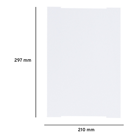 Rechthoekig wit papieren oppervlak met afmetingen 297 mm x 210 mm, afmetingen zijn aangegeven.