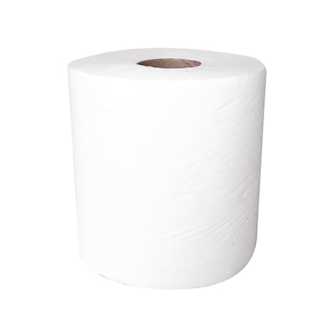 Eine Rolle weißes Papier, möglicherweise Toilettenpapier oder Küchenrolle, vor weißem Hintergrund.
