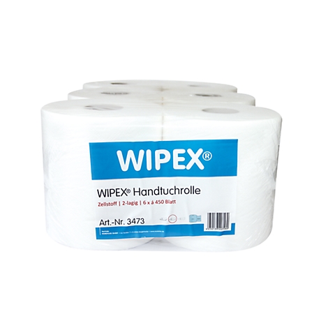 Ein Paket weißer Handtuchrollen. Aufgedruckt: WIPEX, Handtuchrolle, 6x450 Blatt, Art.-Nr. 3473.