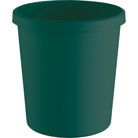 Ein grüner Mülleimer mit einem leicht überstehenden Rand. Der Eimer hat eine zylindrische Form.