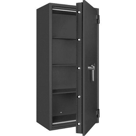 Grauer Stahlschrank mit offener Tür. Innenraum mit Regalen. Auf der Tür ist ein Griff und Schloss.