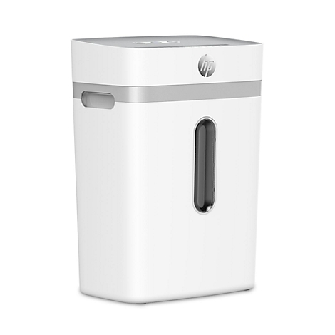 Witte papierversnipperaar met het HP-logo, met opening om de papiercontainer te bekijken.
