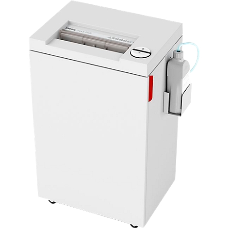 Witte papierversnipperaar met zwart bedieningspaneel en rode accenten. Een fles met vloeistof is aan de zijkant bevestigd.