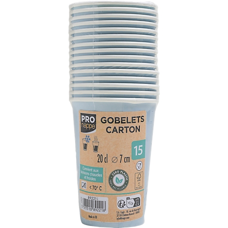 Stapel blauer Pappbecher, Aufdruck: 'Gobelets Carton' und Angaben zu Größe und Temperatur.