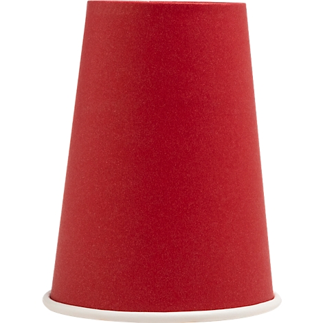 Roter Pappbecher mit weißem Rand. Kegelförmig, leicht angeraut.
