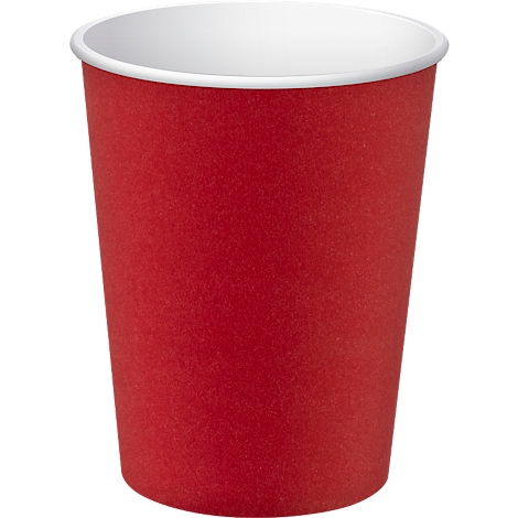 Ein roter Pappbecher mit weissem Rand, isoliert auf weissem Hintergrund.