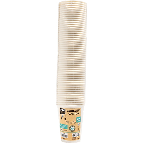 Stapel aus weißen Pappbechern. Der Becher hat einen geriffelten Außenbereich und einen bedruckten Boden.
