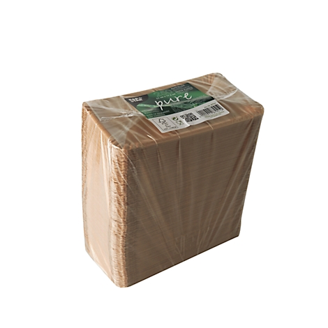 Ein rechteckiges, braunes Paket, in transparente Folie eingeschweißt, mit dem Aufdruck "pure".