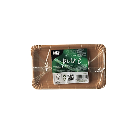 Rechteckige Pappteller, verpackt in Folie, mit Label. Aufschrift: "pure".