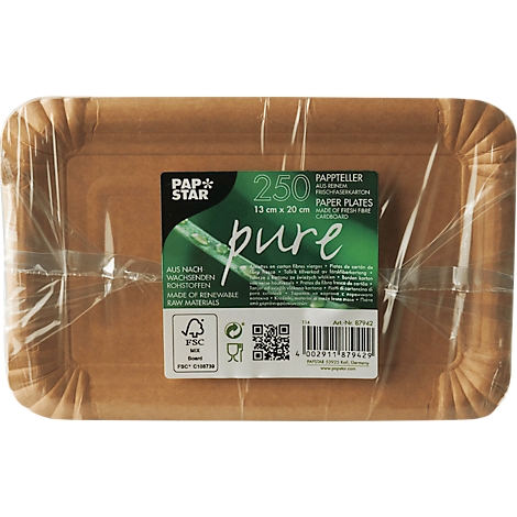 Rechteckige Pappteller verpackt in Folie. Aufkleber mit Produktinformationen, FSC-Siegel, QR-Code und Schriftzug Pure.