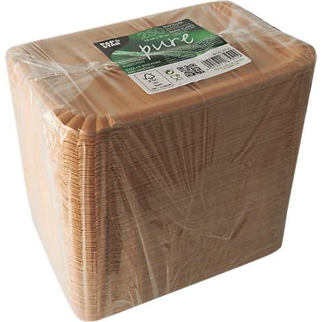 Ein Paket aus rechteckigen Papptellern, verpackt in Folie. Auf dem Etikett steht "pure".