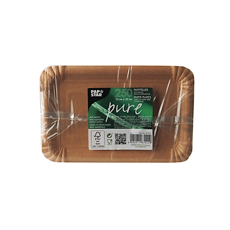 Rechteckige Pappteller, in Folie verpackt. Aufdruck: "pure", "250 Paper Plates".