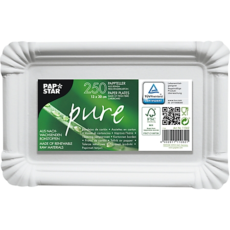 Rechteckige weiße Pappteller-Verpackung mit Schriftzug 'Pap Star Pure'. Ein grüner Aufkleber mit Logo und Texten. FSC-Zertifizierung.