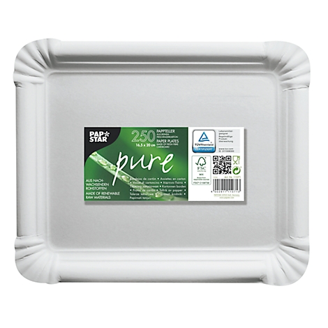 Quadratischer weißer Pappteller mit gewelltem Rand. Aufdruck mit Logo und Text.