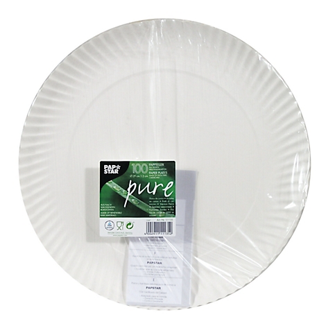 Ein weißes Pappteller-Set in Plastikfolie verpackt. Ein Etikett mit 'pure' und Herstellerinformationen ist sichtbar.