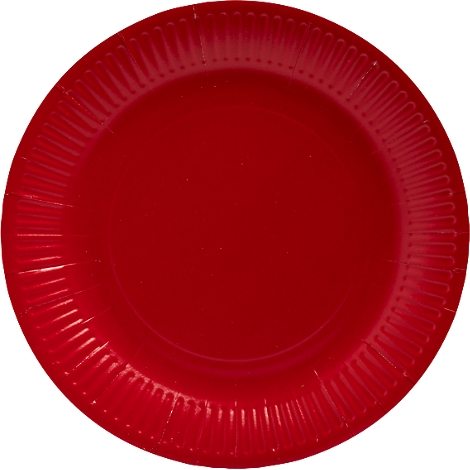 Roter Pappteller mit gerilltem Rand.
